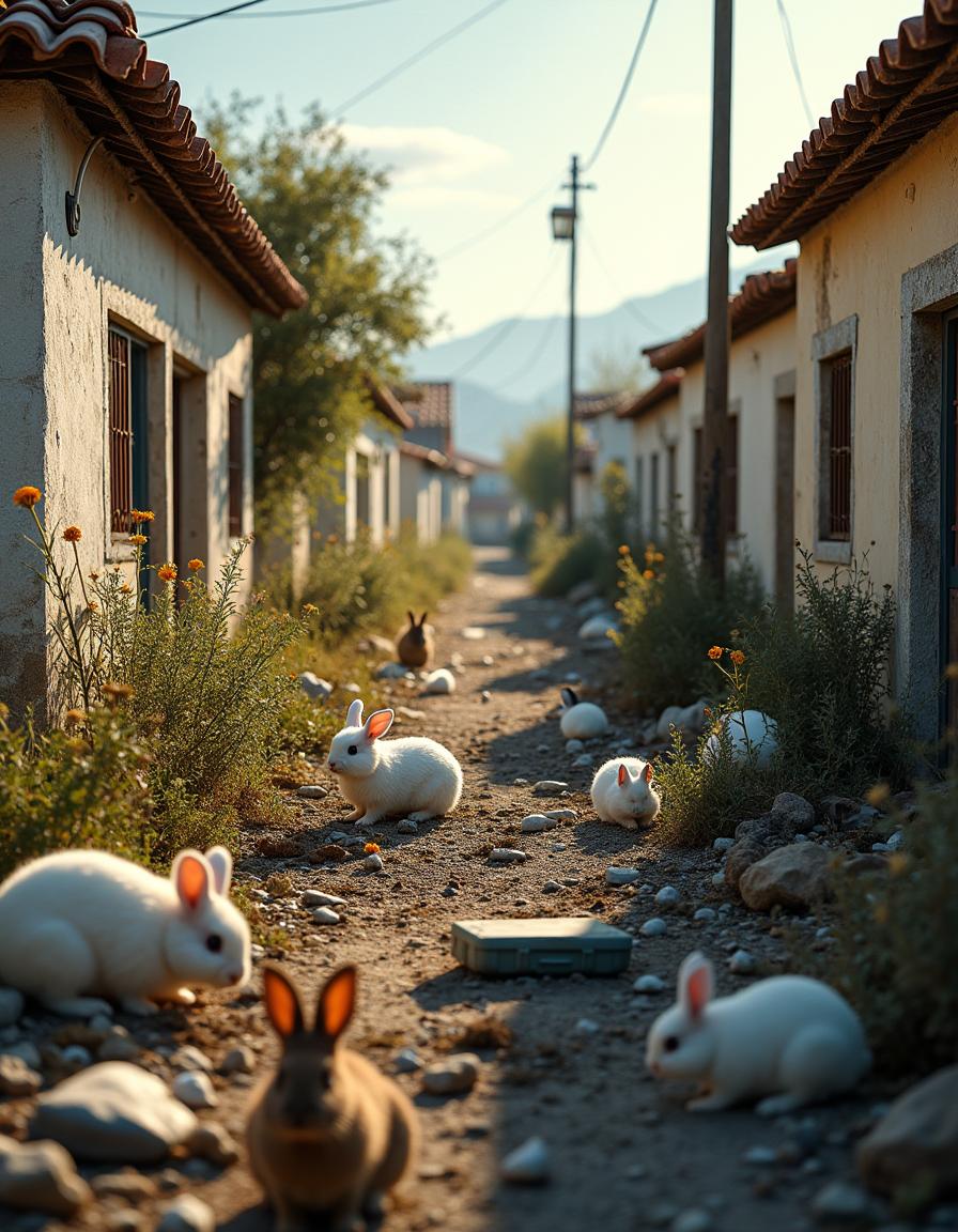 An abandoned Spanish residential neighborhood, characterized by middle-class houses with weathered stucco walls and terracotta rooftiles