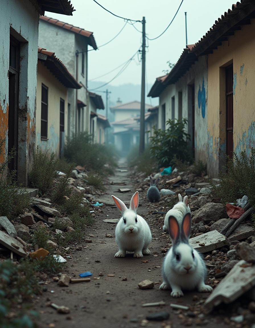 An abandoned Spanish residential area, characterized by dilapidated houses with peeling paint and broken windows, evoking a sense of neglect