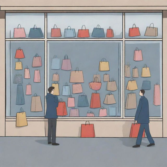 A cartoon illustration of an individual peering into their reflection on a shop window. One image shows them loaded with bundles of shopping bags, in a flurry of spending; the reflection, however, presents them merely window shopping, embodying simplicity.