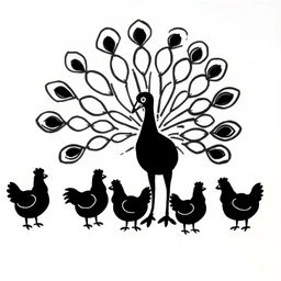 A simple black and white drawing of a peacock displaying its magnificent feathers in front of a few chickens