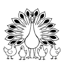 A simple black and white drawing of a peacock with its feathers fully displayed in front of several chickens