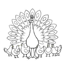 A simple black and white drawing of a peacock with its feathers fully displayed in front of several chickens