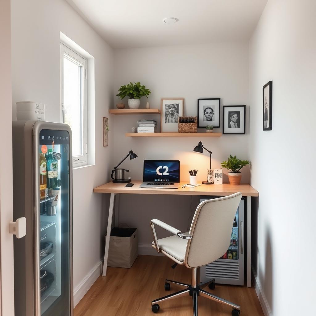 A compact home office setup in a small room measuring 2 meters by 1 meter