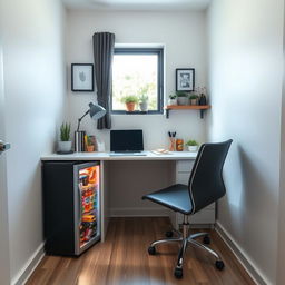 A compact home office setup in a small room measuring 2 meters by 1 meter