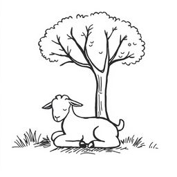 A simple black and white drawing of a young goat peacefully resting under the shade of a tree