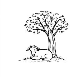 A simple black and white drawing of a young goat peacefully resting under the shade of a tree