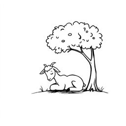 A simple black and white drawing of a young goat peacefully resting under the shade of a tree