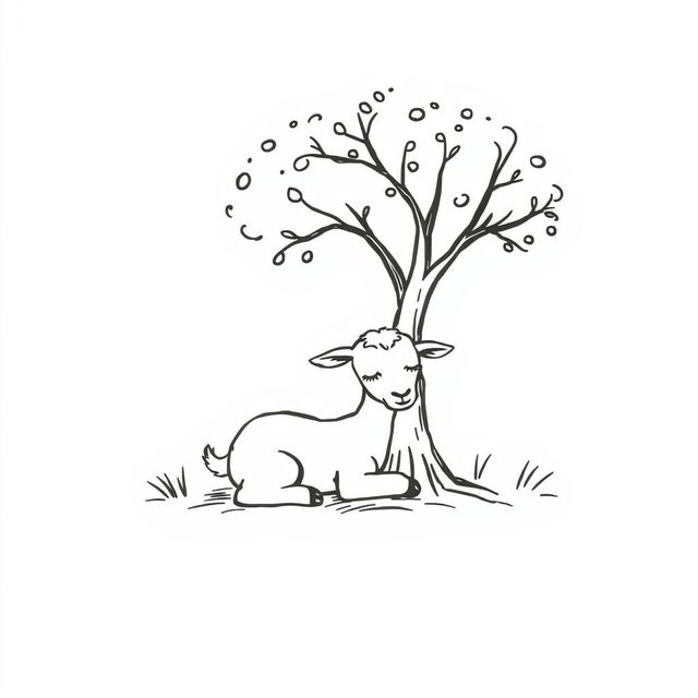 A simple black and white drawing of a young goat peacefully resting under the shade of a tree