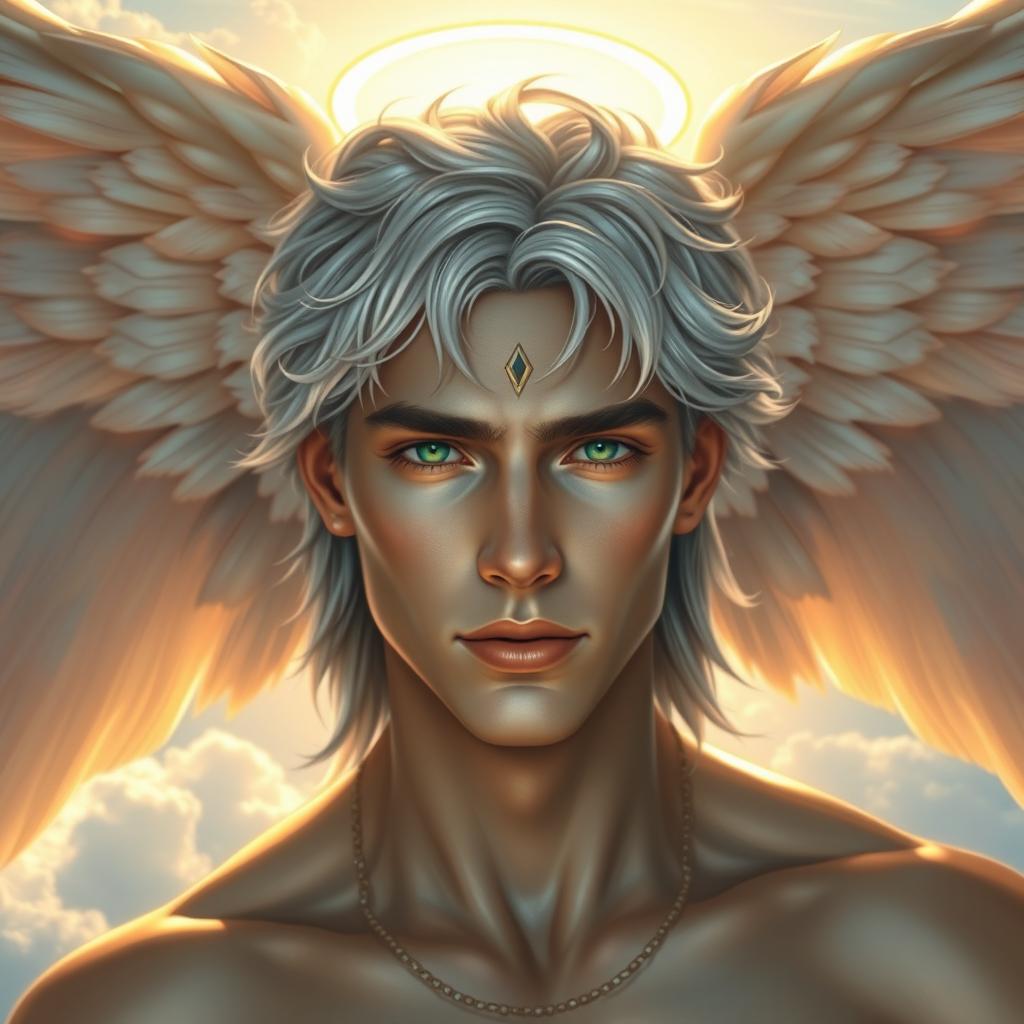 An aasimar man with majestic angel wings, displaying a mostly human appearance