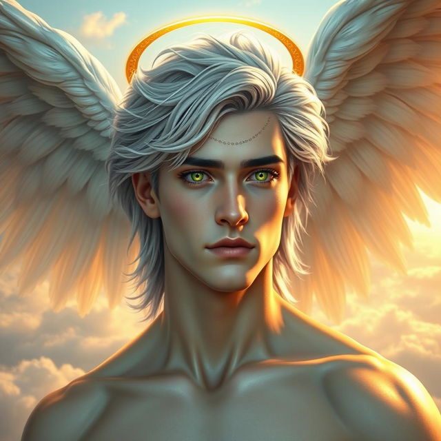 An aasimar man with majestic angel wings, displaying a mostly human appearance