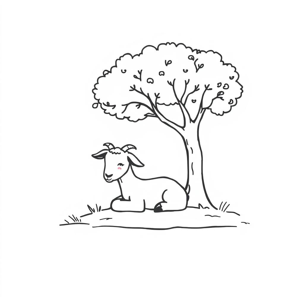 A simple black and white drawing of a young goat resting comfortably under the shade of a tree