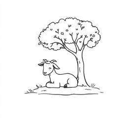 A simple black and white drawing of a young goat resting comfortably under the shade of a tree