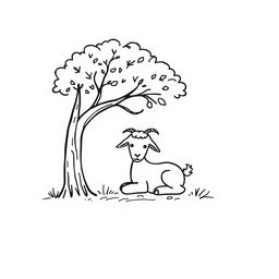 A simple black and white drawing of a young goat resting comfortably under the shade of a tree