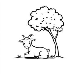 A simple black and white drawing of a young goat resting comfortably under the shade of a tree