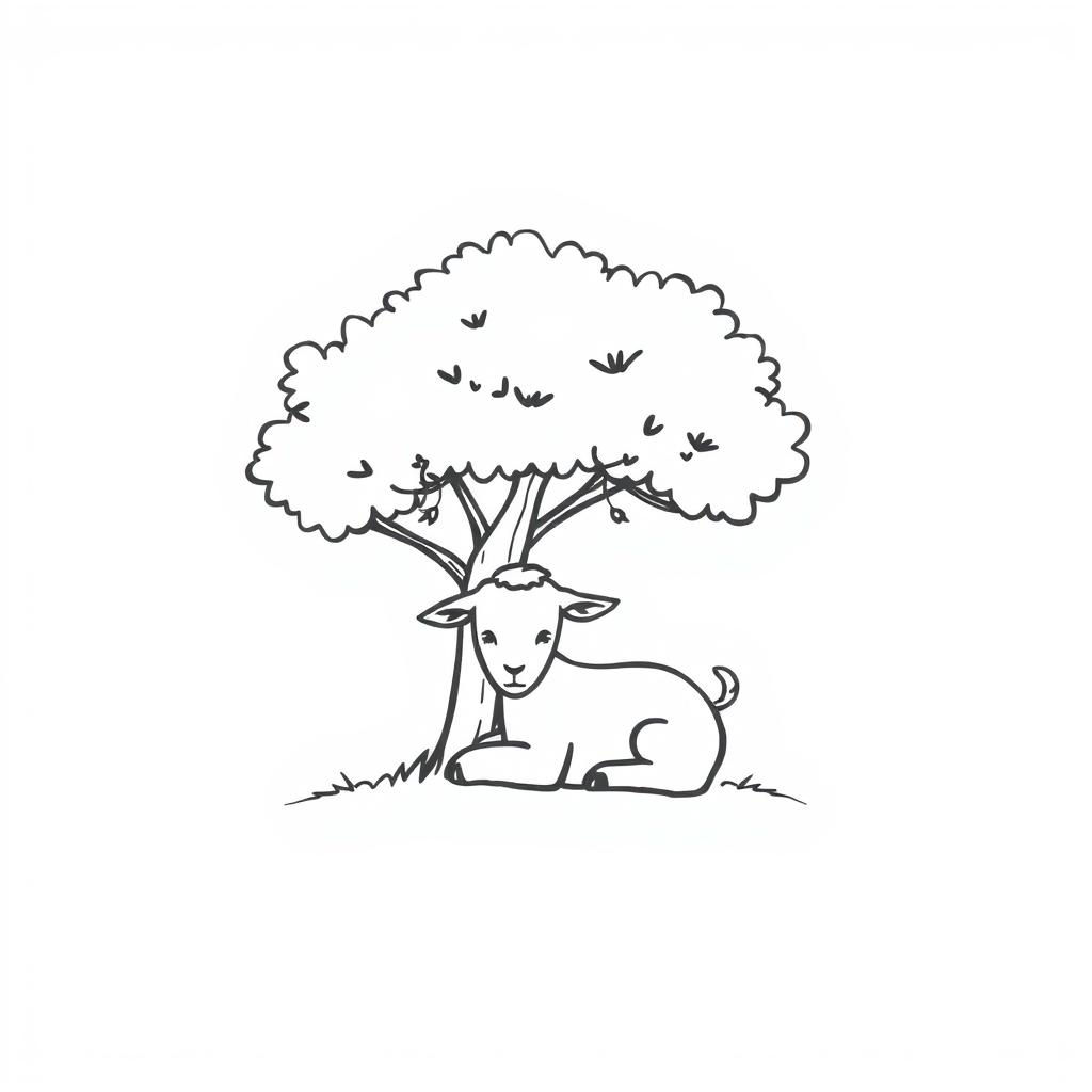 A simple black and white drawing of a young goat resting comfortably under the shade of a tree