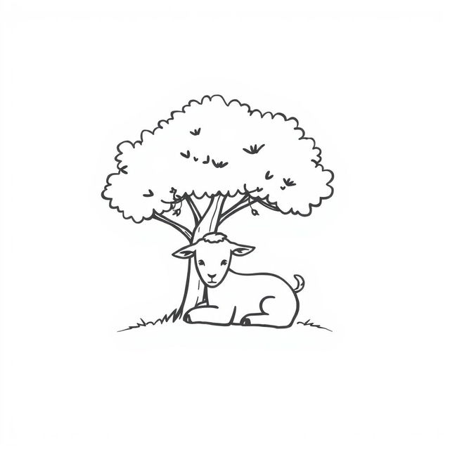 A simple black and white drawing of a young goat resting comfortably under the shade of a tree