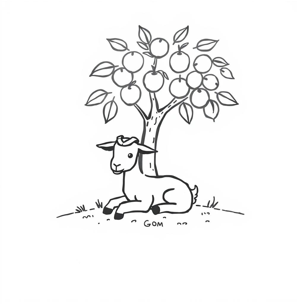 A simple black and white drawing of a young goat comfortably resting under the shade of a fruit tree