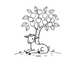 A simple black and white drawing of a young goat comfortably resting under the shade of a fruit tree