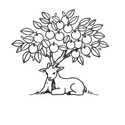 A simple black and white drawing of a young goat comfortably resting under the shade of a fruit tree