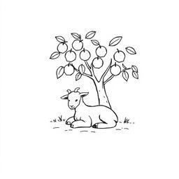 A simple black and white drawing of a young goat comfortably resting under the shade of a fruit tree