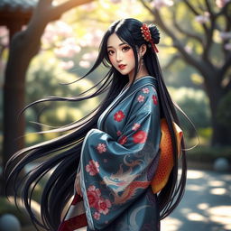 A beautiful young woman inspired by the character Sayuki, with long, flowing black hair decorated with traditional hair ornaments, wearing a stunning kimono adorned with intricate patterns of cherry blossoms and a dragon design