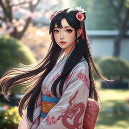 A beautiful young woman inspired by the character Sayuki, with long, flowing black hair decorated with traditional hair ornaments, wearing a stunning kimono adorned with intricate patterns of cherry blossoms and a dragon design