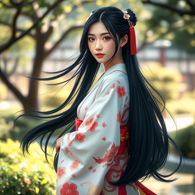 A beautiful young woman inspired by the character Sayuki, with long, flowing black hair decorated with traditional hair ornaments, wearing a stunning kimono adorned with intricate patterns of cherry blossoms and a dragon design