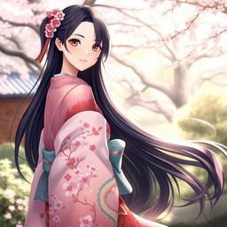 A beautiful young woman inspired by the character Sayuki, with long, flowing black hair decorated with traditional hair ornaments, wearing a stunning kimono adorned with intricate patterns of cherry blossoms and a dragon design