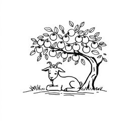 A simple black and white drawing of a young goat resting peacefully under the shade of a fruit-bearing tree