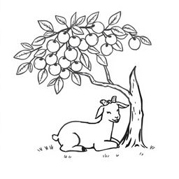 A simple black and white drawing of a young goat resting peacefully under the shade of a fruit-bearing tree