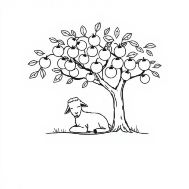 A simple black and white drawing of a young goat resting peacefully under the shade of a fruit-bearing tree