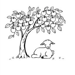 A simple black and white drawing of a young goat resting peacefully under the shade of a fruit-bearing tree