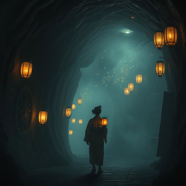 An atmospheric and mysterious Japanese haunted tunnel, shrouded in mist and darkness, with traditional paper lanterns flickering softly along the sides