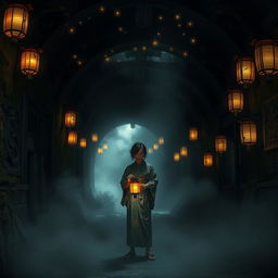 An atmospheric and mysterious Japanese haunted tunnel, shrouded in mist and darkness, with traditional paper lanterns flickering softly along the sides