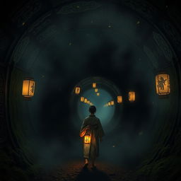 An atmospheric and mysterious Japanese haunted tunnel, shrouded in mist and darkness, with traditional paper lanterns flickering softly along the sides