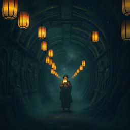 An atmospheric and mysterious Japanese haunted tunnel, shrouded in mist and darkness, with traditional paper lanterns flickering softly along the sides