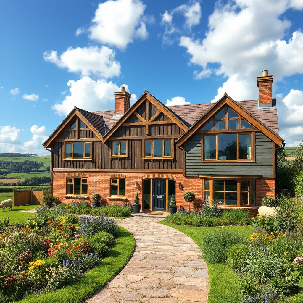 A picturesque rural house that has been beautifully rebuilt, featuring traditional wooden beams and large panoramic windows that let in natural light