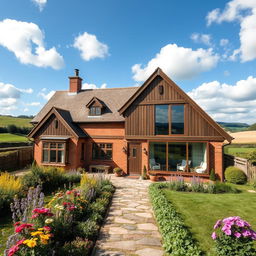 A picturesque rural house that has been beautifully rebuilt, featuring traditional wooden beams and large panoramic windows that let in natural light