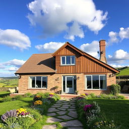 A picturesque rural house that has been beautifully rebuilt, featuring traditional wooden beams and large panoramic windows that let in natural light