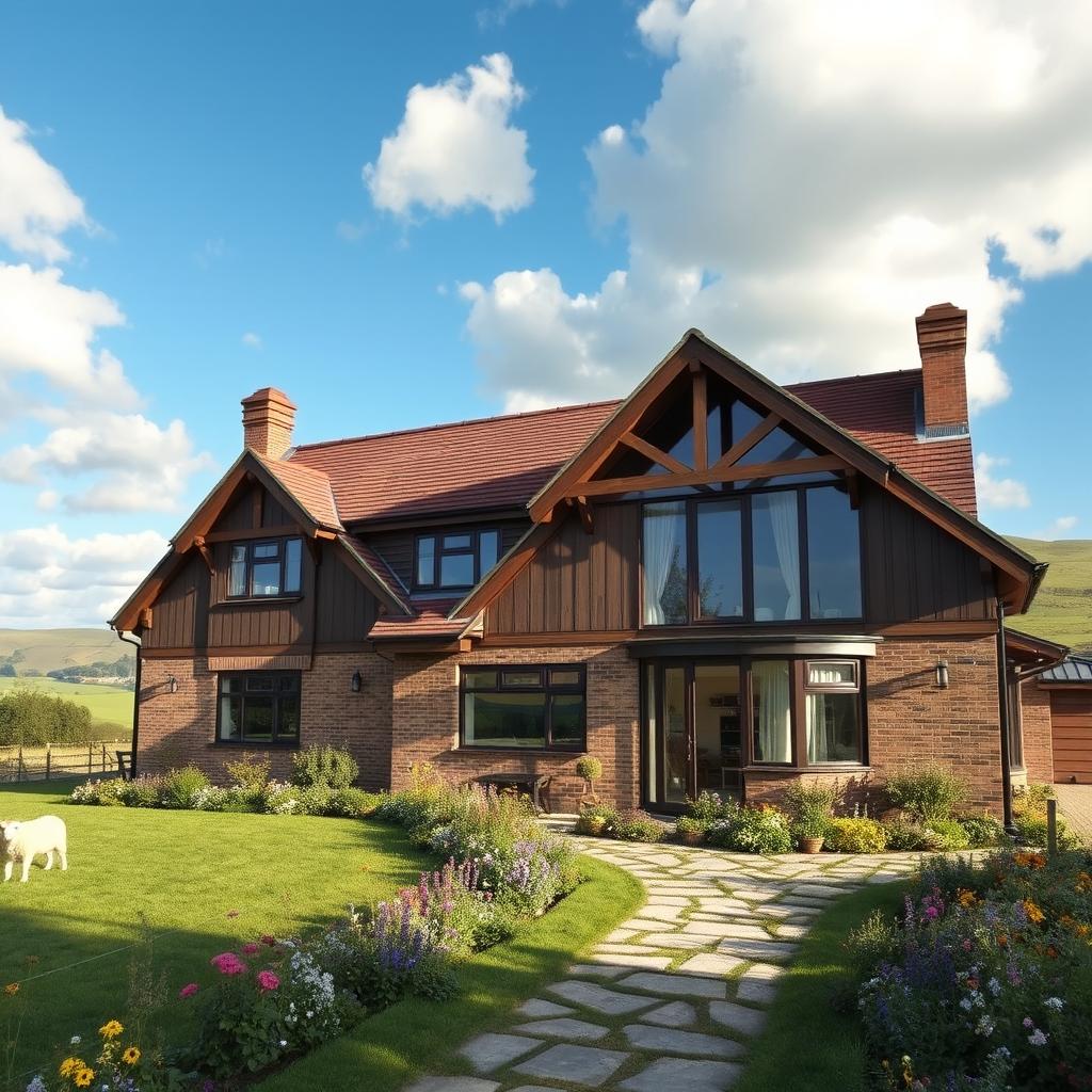 A picturesque rural house that has been beautifully rebuilt, featuring traditional wooden beams and large panoramic windows that let in natural light