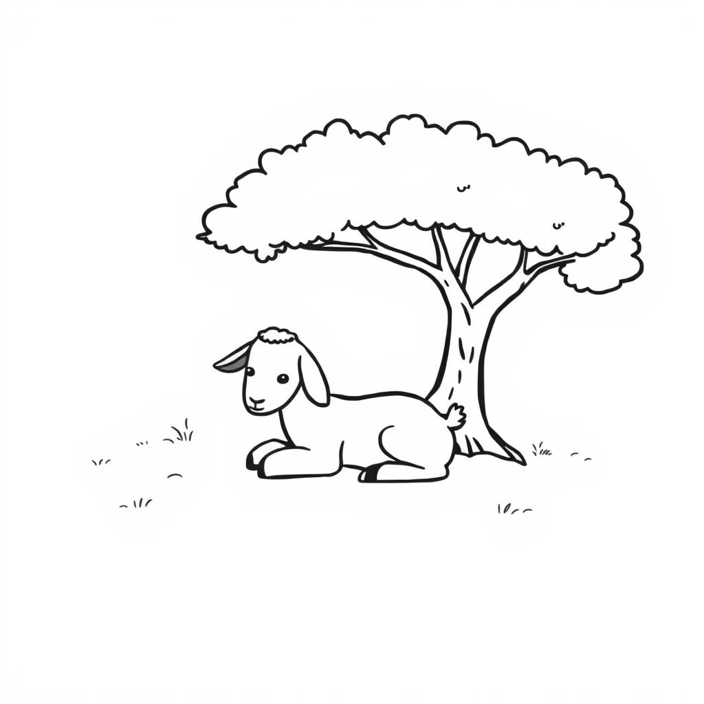 A simple black and white drawing of a young goat peacefully resting under the shade of a tree