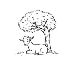 A simple black and white drawing of a young goat peacefully resting under the shade of a tree