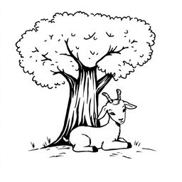 A simple black and white drawing of a young goat peacefully resting under the shade of a tree