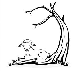 A simple black and white drawing of a young goat peacefully resting under the shade of a tree