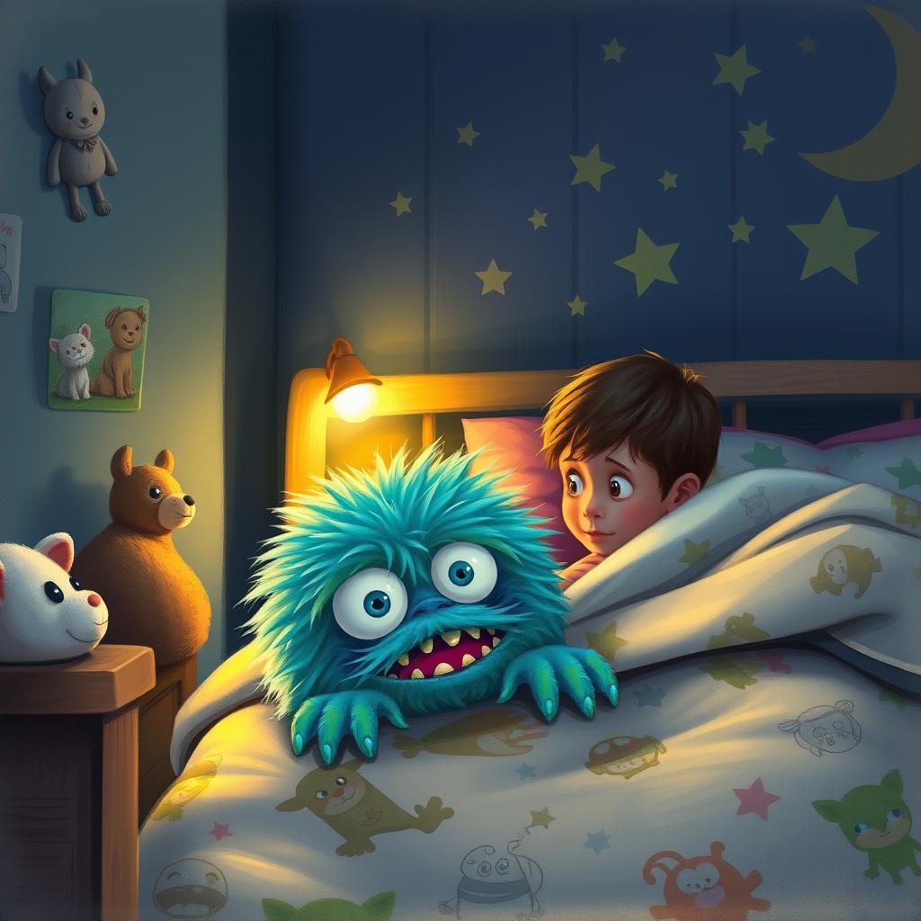 A whimsical and slightly eerie scene showing a child's bedroom at night, with a fluffy monster peeking out from under the bed