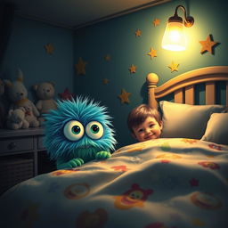 A whimsical and slightly eerie scene showing a child's bedroom at night, with a fluffy monster peeking out from under the bed