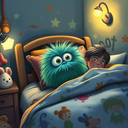 A whimsical and slightly eerie scene showing a child's bedroom at night, with a fluffy monster peeking out from under the bed