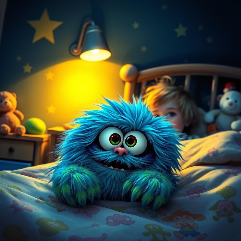 A whimsical and slightly eerie scene showing a child's bedroom at night, with a fluffy monster peeking out from under the bed