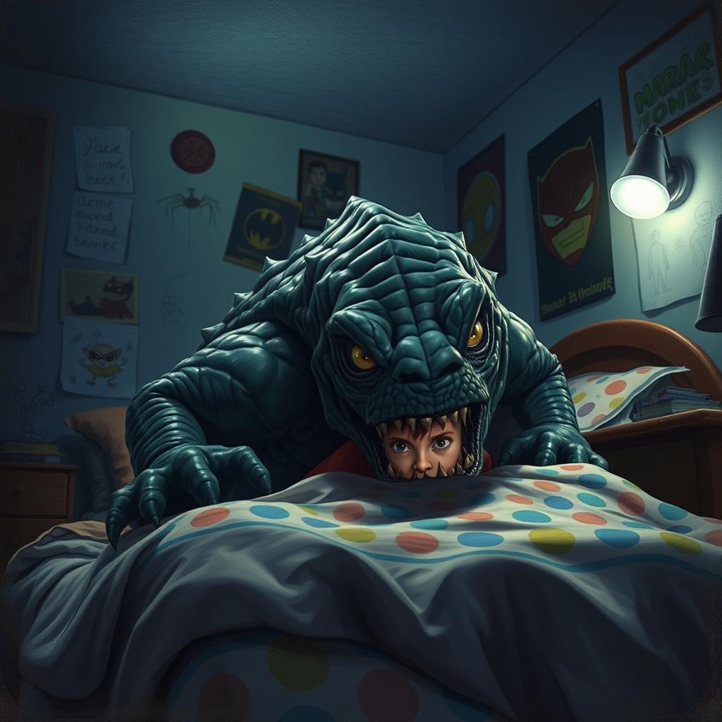 A frightening yet imaginative scene of a child's bedroom at night, showcasing a terrifying but slightly exaggerated monster lurking under the bed