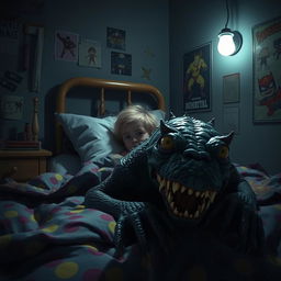 A frightening yet imaginative scene of a child's bedroom at night, showcasing a terrifying but slightly exaggerated monster lurking under the bed